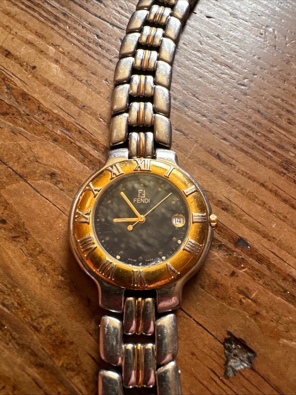 Fendi Two-Tone Gold and Silver Roman Bezel Wristwatch band is 7 in and 7/8th